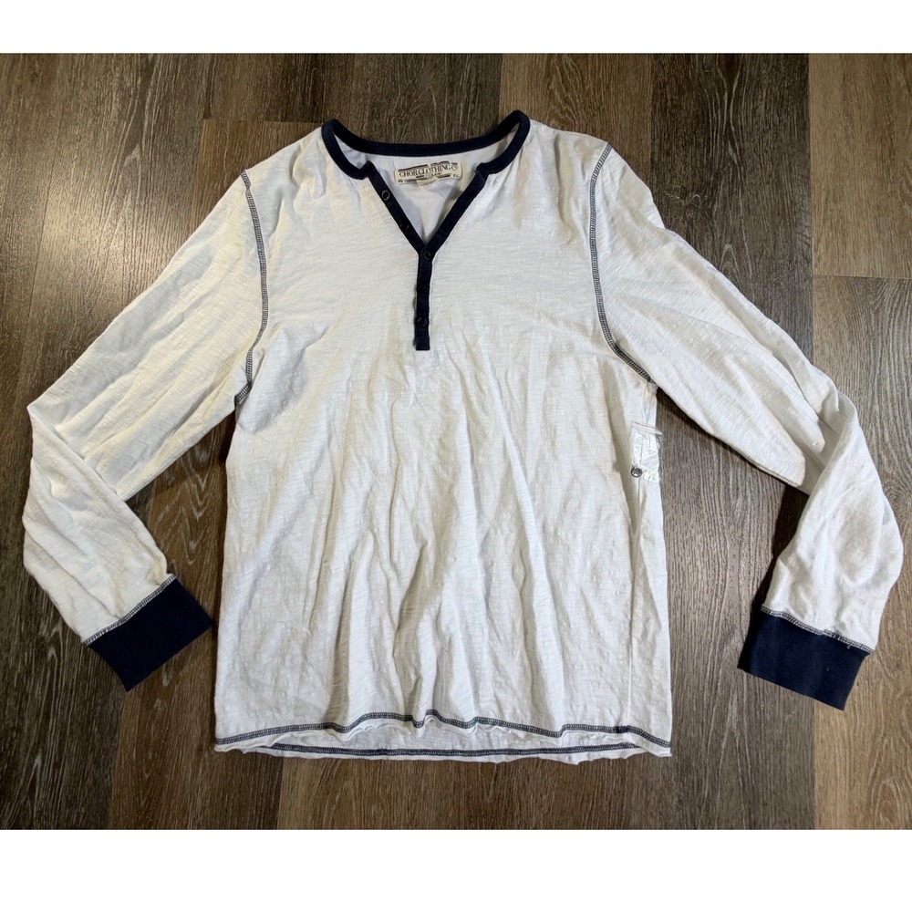 Chor Clothing Co Henley Shirt Mens Large White Navy Long Sleeve Cotton Slub